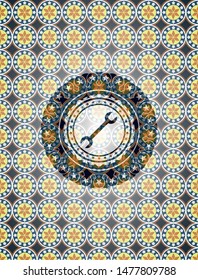 wrench icon inside arabic style badge. Arabesque decoration.