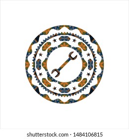 wrench icon inside arabic style emblem. Arabesque decoration.