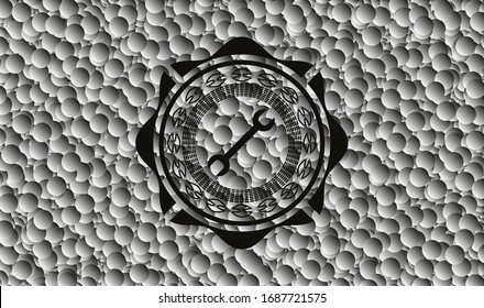 icono de la llave dentro del emblema oscuro con fondo de burbujas grises. Ilustración vectorial. Detallado.