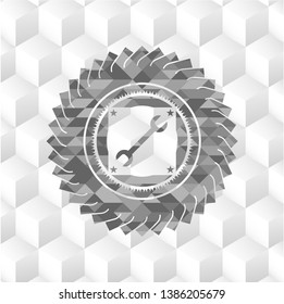wrench icon inside grey emblem. Vintage with geometric cube white background