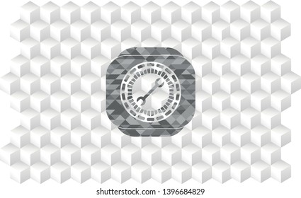 wrench icon inside grey emblem. Retro with geometric cube white background