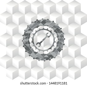 wrench icon inside grey emblem. Vintage with geometric cube white background
