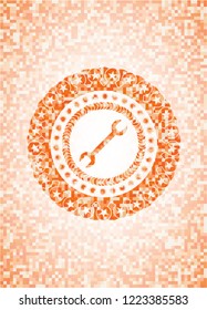 wrench icon inside orange tile background illustration. Square geometric mosaic seamless pattern with emblem inside.