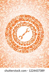 wrench icon inside orange tile background illustration. Square geometric mosaic seamless pattern with emblem inside.