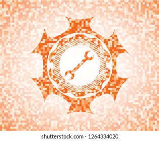 wrench icon inside orange tile background illustration. Square geometric mosaic seamless pattern with emblem inside.