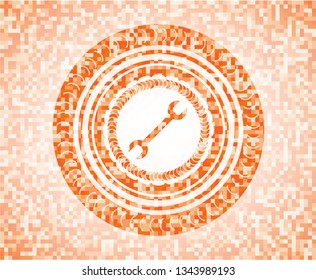 wrench icon inside orange tile background illustration. Square geometric mosaic seamless pattern with emblem inside.