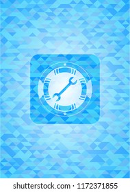 wrench icon inside realistic sky blue mosaic emblem