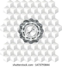 wrench icon inside retro style grey emblem with geometric cube white background