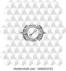 wrench icon inside retro style grey emblem with geometric cube white background