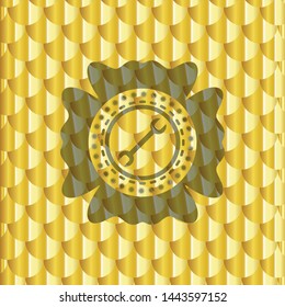 wrench icon inside shiny golden badge. Scales pattern. Vector Illustration. Detailed.
