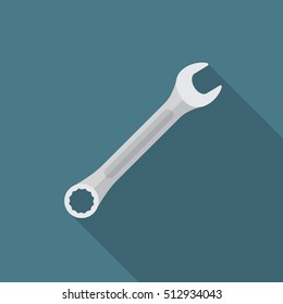 Wrench icon with long shadow. Flat design style. Wrench silhouette. Simple icon. Modern flat icon in stylish colors. Web site page and mobile app design vector element.