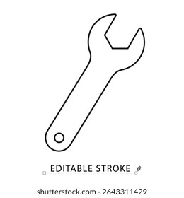 Wrench icon in minimal line style with editable stroke. Repair tool, spanner symbol for mechanical service, technical maintenance, construction visuals, system adjustment and engineering concept.