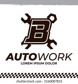 Wrench icon on letter B logo design template, racing garage auto logo illustration, repair icon sign