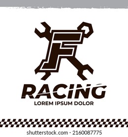 Wrench icon on letter F logo design template, racing garage auto logo illustration, repair icon sign