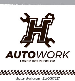 Wrench icon on letter H logo design template, racing garage auto logo illustration, repair icon sign