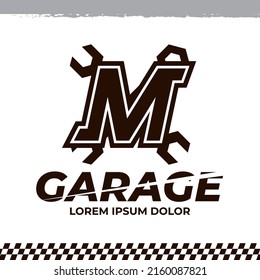 Wrench icon on letter M logo design template, racing garage auto logo illustration, repair icon sign