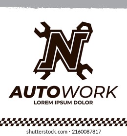 Wrench icon on letter N logo design template, racing garage auto logo illustration, repair icon sign