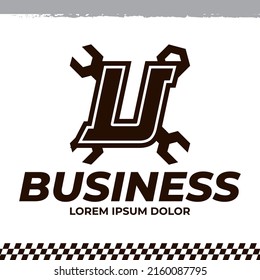 Wrench icon on letter U logo design template, racing garage auto logo illustration, repair icon sign