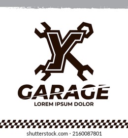 Wrench icon on letter Y logo design template, racing garage auto logo illustration, repair icon sign