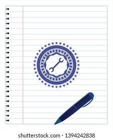wrench icon pen strokes emblem. Blue ink. Vector Illustration. Detailed.