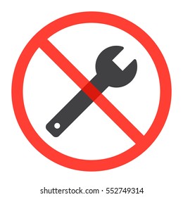 Wrench icon in prohibition red circle, No repair or service ban sign, forbidden symbol. Vector illustration isolated on white