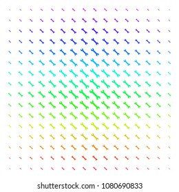 Wrench icon rainbow colored halftone pattern. Vector wrench items arranged into halftone grid with vertical rainbow colors gradient. Designed for backgrounds, covers and abstract concepts.