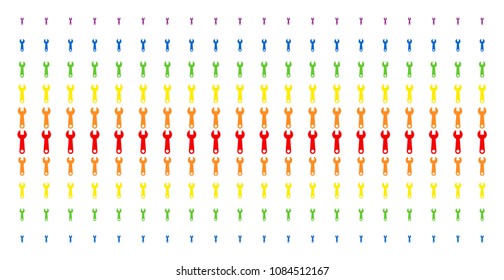 Wrench icon rainbow colored halftone pattern. Vector shapes arranged into halftone matrix with vertical spectrum gradient. Designed for backgrounds, covers, templates and abstraction concepts.
