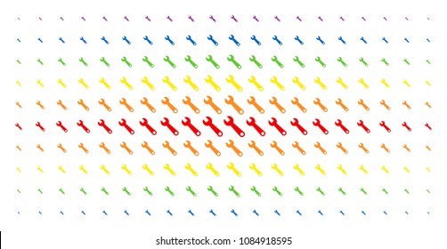 Wrench icon rainbow colored halftone pattern. Vector wrench shapes are arranged into halftone matrix with vertical spectrum gradient. Constructed for backgrounds, covers,