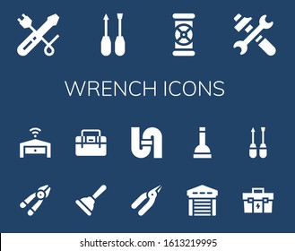 wrench icon set. 14 filled wrench icons.  Simple modern icons such as: Screwdriver, Pipes, Tools, Plier, Garage, Plunger, Toolbox, Pliers, Pipe