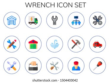 wrench icon set. 15 flat wrench icons.  Collection Of - garage, repair, car, sink, maintenance, tools, toolbox, mechanic, awl