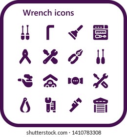 wrench icon set. 16 filled wrench icons.  Collection Of - Screwdriver, Allen keys, Plunger, Repair, Pliers, Pipe, Garage, Wrench