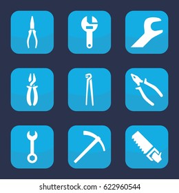 Wrench icon. set of 9 filled wrench icons such as wrench, pliers, saw