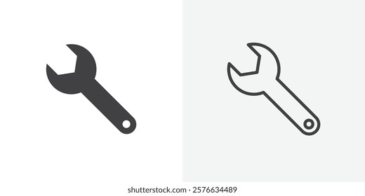 Wrench icon set in black flat solid and outlined style.