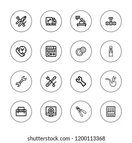 Wrench icon set. collection of 16 outline wrench icons with configuration, pipe, pipes, pliers, plumber, repair, screwdriver, service, worker, toolbox, wrench icons.
