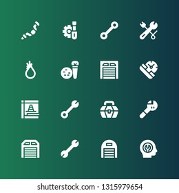wrench icon set. Collection of 16 filled wrench icons included Fixed, Garage, Wrench, Toolbox, Maintenance, Service, Tools, Tool, Screwdriver, Ratchet