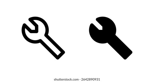 Wrench icon set depicting tool for gripping or turning bolts in mechanical and construction settings.