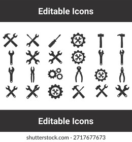 Conjunto de iconos de llave con herramientas de mano profesionales que incluyen martillo, destornillador, alicates y símbolos de engranajes en estilo silueta