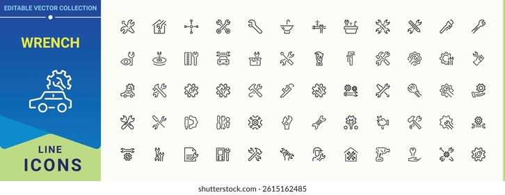 Wrench icon set. Line icons with editable stroke. Editable vector art and illustration. Setting icon set. Related to maintenance, work, technical, repair, setting and more.