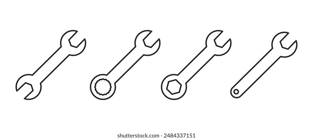 Juego de iconos de llave inglesa. reparar Vector de iconos. herramientas Vector de iconos, llave inglesa en línea fina, juego de símbolos de llave inglesa mecánica. Profesional mecánico mantener el contorno de la herramienta para los diseños de UI.