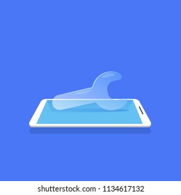 wrench icon smartphone service support mobile application blue background flat vector illustration