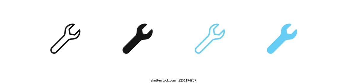 Wrench icon. Spanner symbol. Repair signs. Key tool for mechanic symbols. Mechanical support icons. Black and blue color. Vector isolated sign.