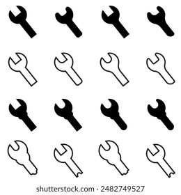 wrench icon, spanner symbol, settings repair tool sign button vector icon. Profession mechanical maintain tool icon in black and white color.