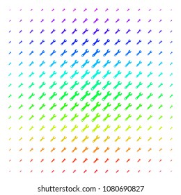 Wrench icon spectral halftone pattern. Vector wrench symbols arranged into halftone grid with vertical rainbow colors gradient. Designed for backgrounds, covers and abstraction effects.