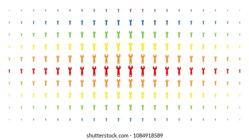 Wrench icon spectral halftone pattern. Vector wrench objects are organized into halftone array with vertical rainbow colors gradient. Constructed for backgrounds, covers,