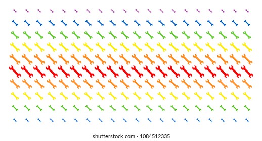 Wrench icon spectrum halftone pattern. Vector objects arranged into halftone array with vertical spectral gradient. Designed for backgrounds, covers, templates and abstract compositions.