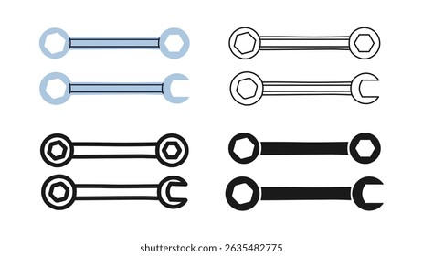 Wrench icon symbol set. Modern spanner repair tool builder mechanic, plumber. Construction mechanical maintain metal tool sign professional stylized simple cartoon vector illustration
