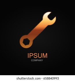Wrench icon. Vector Illustration. Design logo element. Isolated on black background. With golden effect.