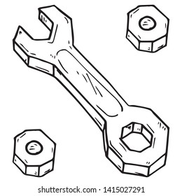 Icono de llave. Ilustración vectorial de una llave con tuercas. Herramienta de reparación dibujada a mano con tuercas.