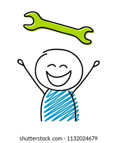 Wrench icon (work an success concept) with happy stickman. Vector.
