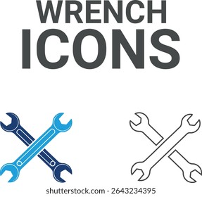Ícones de chave inglesa, ícones de arte de linha contendo correção, casa e reparação de carro, manutenção, caixa de ferramentas e ícones de serviço de reparador. Coleção de ícones do Solid. Ilustração vetorial.